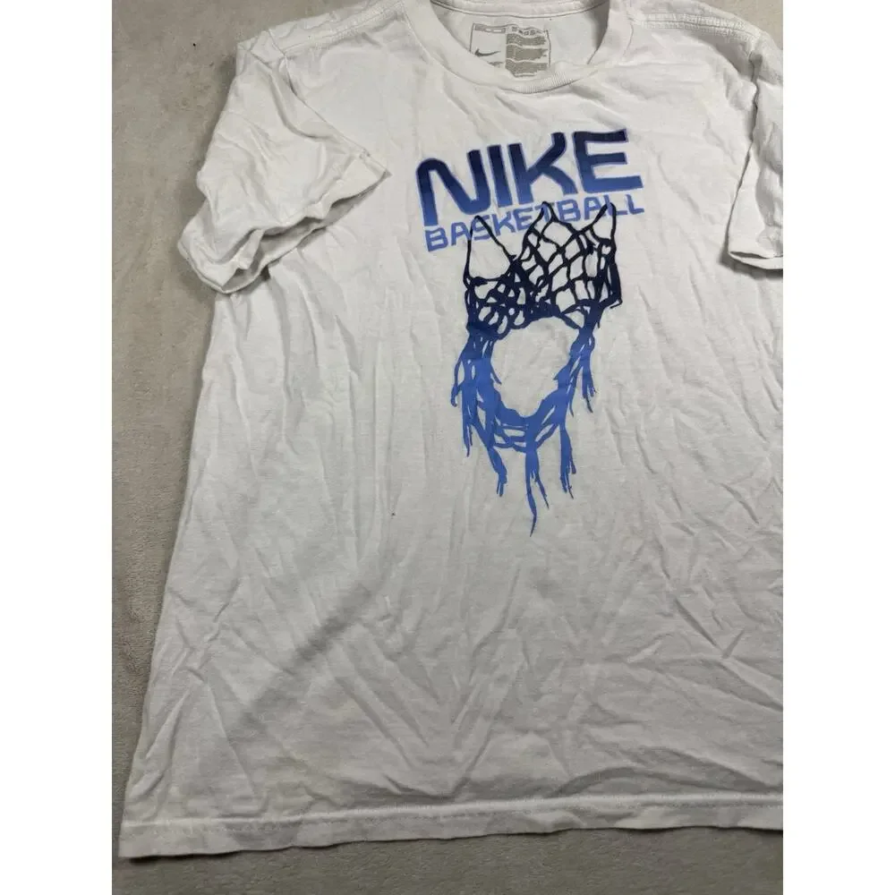 Nike Basketball Boys M 10/12 White Blue Hoop Graphic T-Shirt Swoosh
